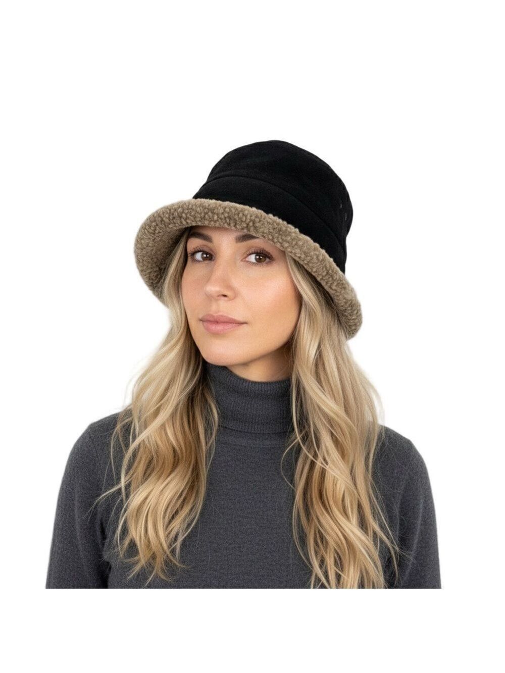 Vtg Gravel Canada black suede leather tan shearling lined winter bucket hat M
